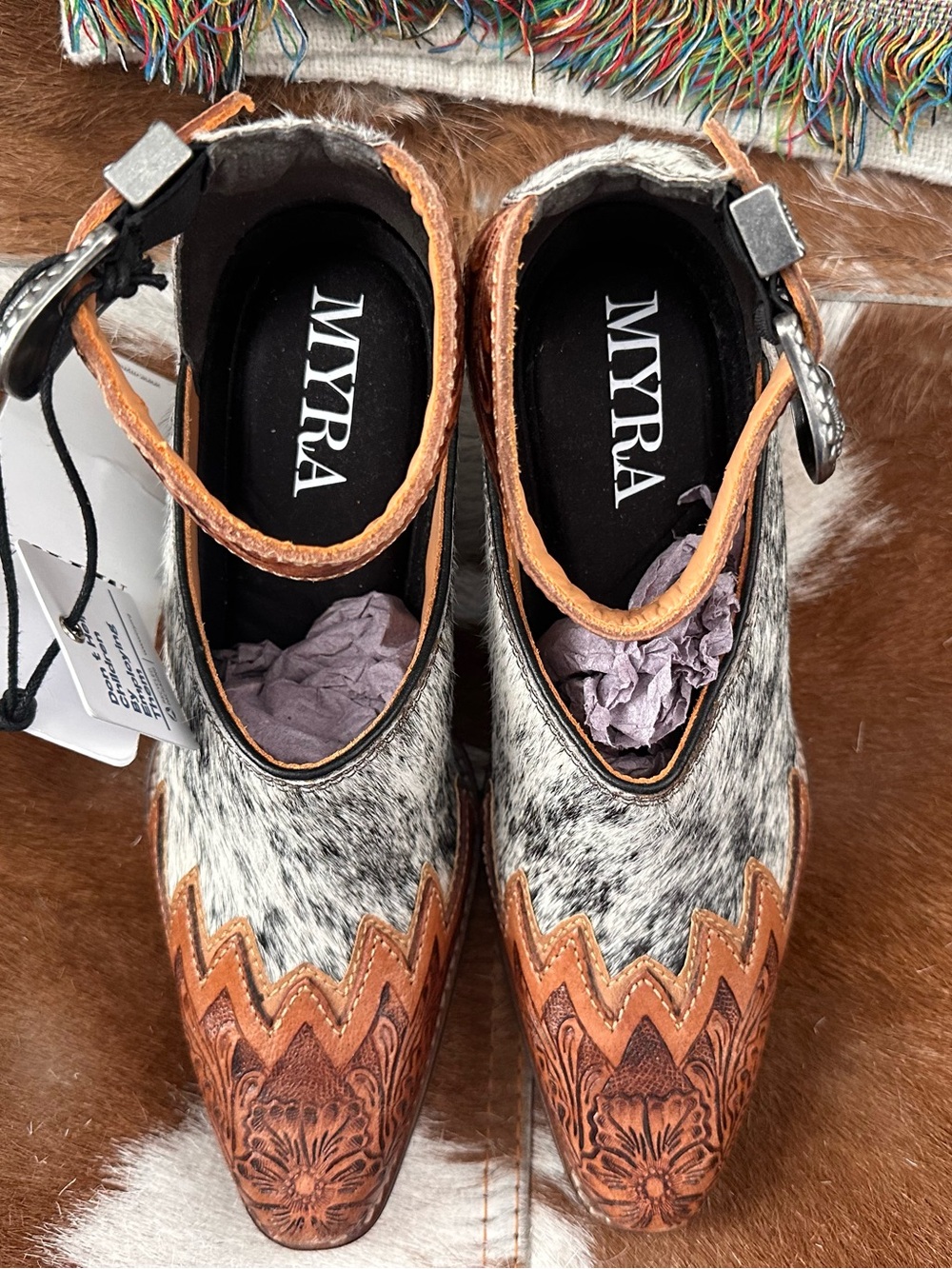 Myra Bag Brown Tooled Leather & White Speckled Hair-On-Hide Western Ankle Boots - Picture 5 of 6